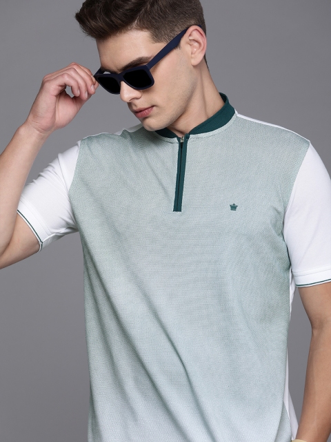 

Louis Philippe Men White & Green Self Design Mandarin Collar Anti Odour T-shirt