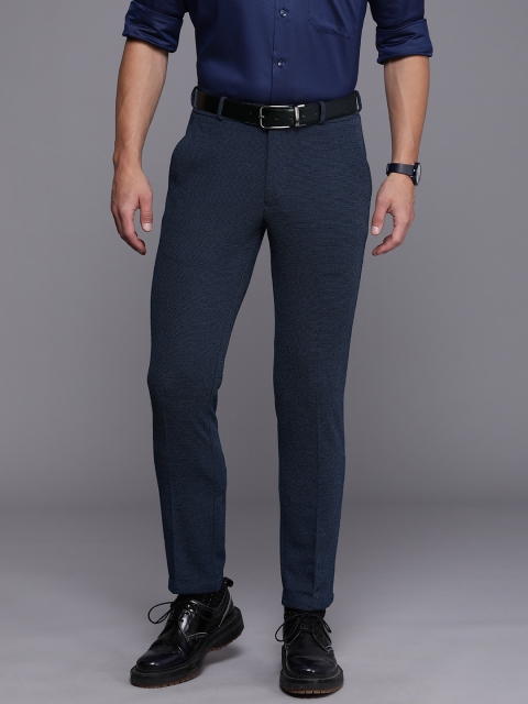 

Louis Philippe Men Dark Blue Self Design Carrot Slim Fit Formal Trousers