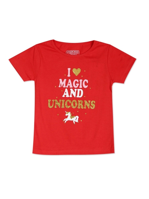 

Cherokee Girls Red & White Typography Printed Pure Cotton T-shirt