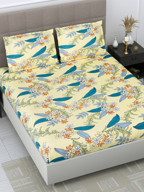 

DREAM WEAVERZ Yellow & Blue Floral 250 TC King Bedsheet with 2 Pillow Covers