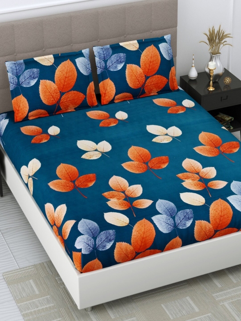 

DREAM WEAVERZ Blue & Orange Floral 250 TC King Bedsheet with 2 Pillow Covers