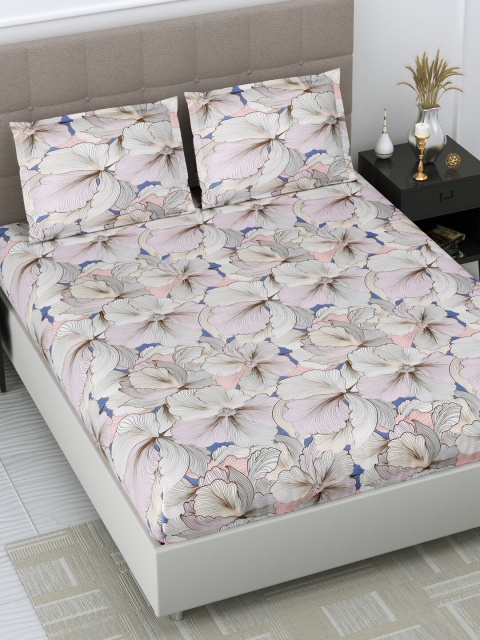 

DREAM WEAVERZ Pink & Blue Floral Glazed Cotton 220 TC King Bedsheet with 2 Pillow Covers