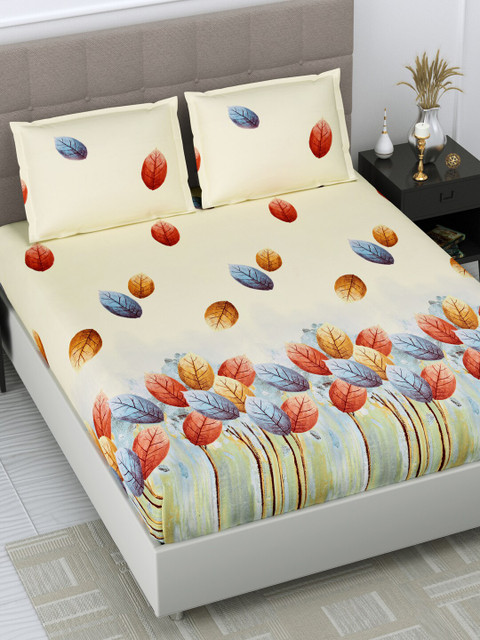 

DREAM WEAVERZ Yellow & Orange Floral 250 TC King Bedsheet with 2 Pillow Covers