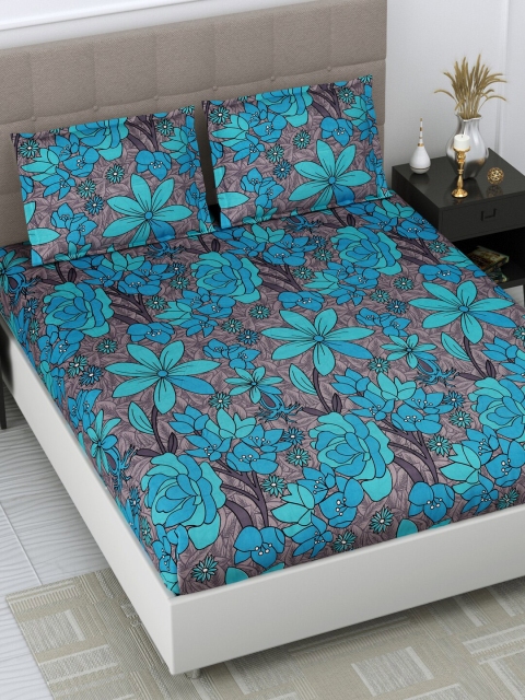 

DREAM WEAVERZ Grey & Blue Floral 250 TC King Bedsheet with 2 Pillow Covers