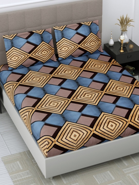 

DREAM WEAVERZ Blue & Brown Geometric 250 TC King Bedsheet with 2 Pillow Covers