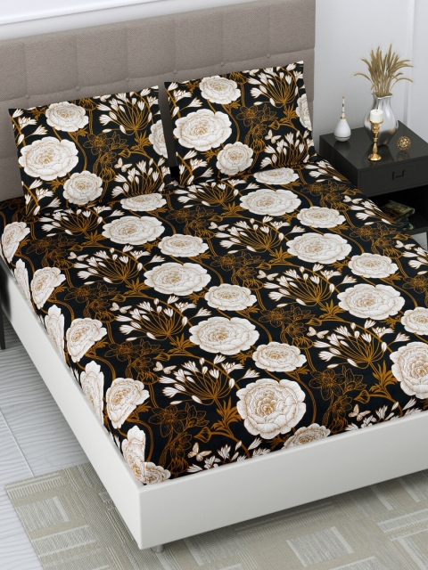

DREAM WEAVERZ Black Floral Printed 250 TC Cotton King Bedsheet with 2 Pillow Cover