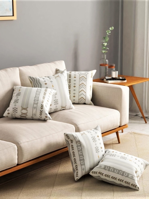 

URBAN SPACE Set of 5 White & Grey Printed Square Pre Filled Cushions