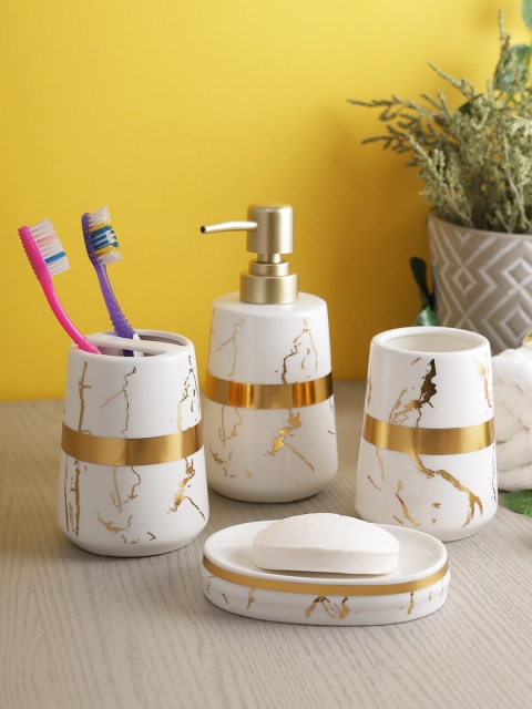 

House Of Accessories Set Of 4 White & Gold-Coloured Floral Bathroom Accessories