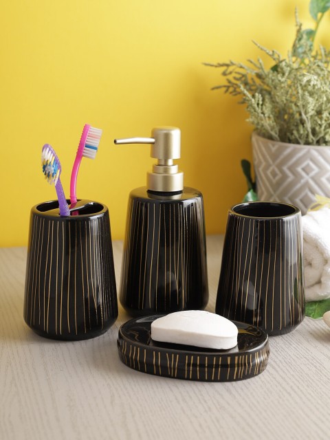 

House Of Accessories Black & Gold Toned Striped Ceramic Bathroom Accessories- 4 Pieces