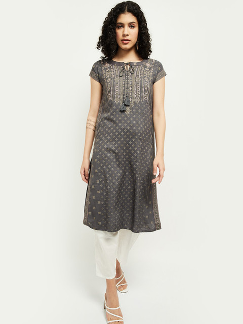 

max Women Grey Geometric Embroidered Mirror Work Anarkali Kurta