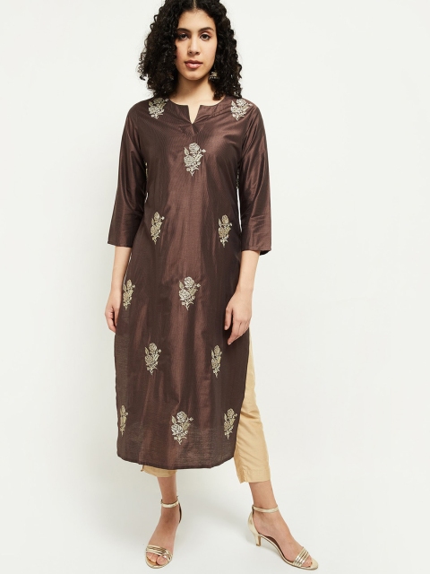 

max Women Brown Floral Embroidered Thread Work Kurta