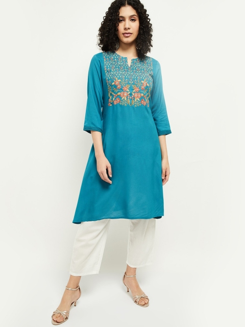 

max Women Blue Geometric Yoke Design Keyhole Neck Thread Work Kurta