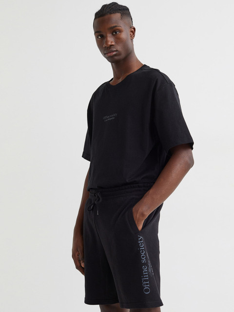 

H&M Men Black Solid Relaxed Fit Printed Sweatshorts