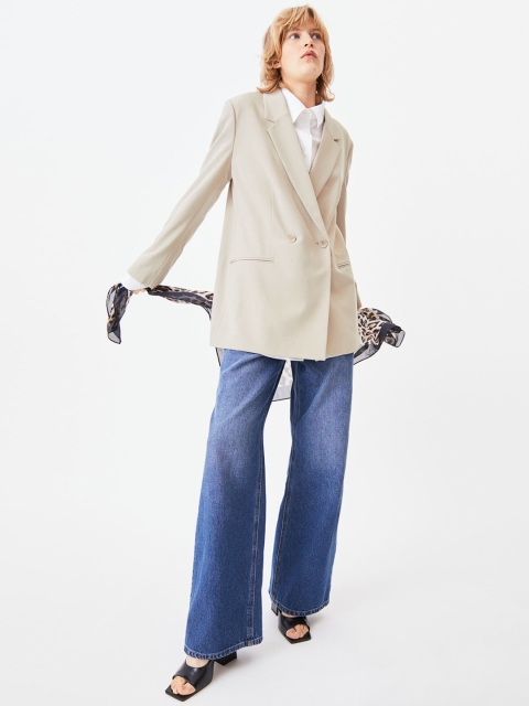 

H&M Women Beige Solid Double-Breasted Jacket