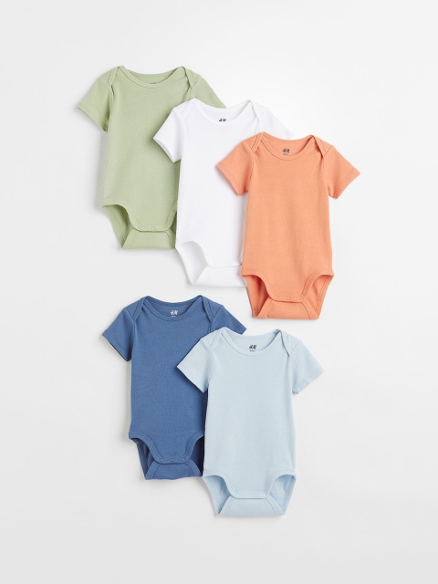 

H&M Boys Pack Of 5 Solid Pure Cotton Bodysuits, White