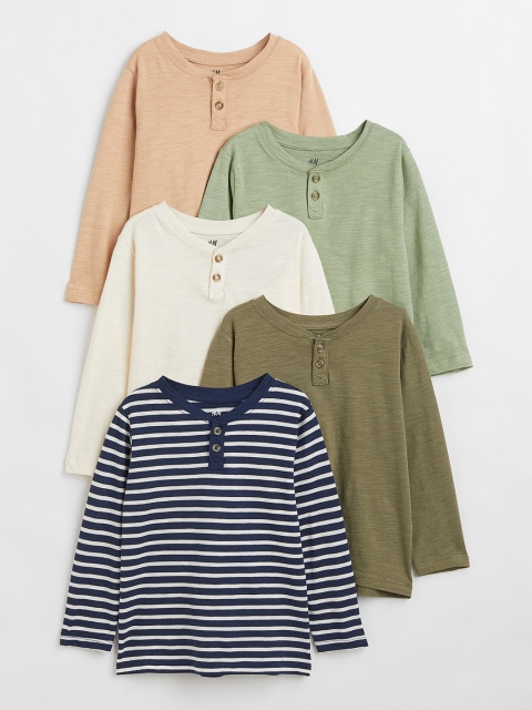 

H&M Boys Pack of 5 Green & Navy Blue Pure Cotton Henley Tops