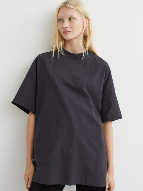 

H&M Women Black Solid Pure Cotton Oversized T-shirt