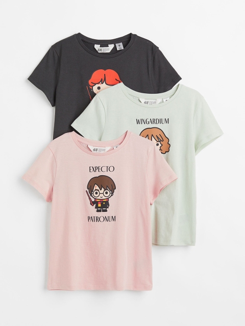 

H&M Girls Green,Grey & Pink 3-pack printed jersey tops