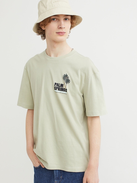 

H&M Men Green & White Printed Relaxed Fit Cotton T-shirt