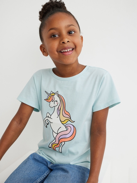 

H&M Girls Turquoise Blue Printed Pure Cotton Jersey Top