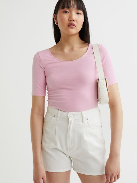 

H&M Women Pink Solid Low-Necked Cotton Top