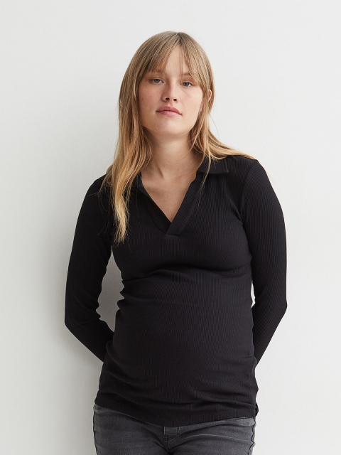 

H&M MAMA Women Black Collared Ribbed Top