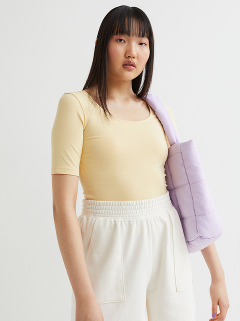 

H&M Women Yellow Solid low-Necked Cotton Top