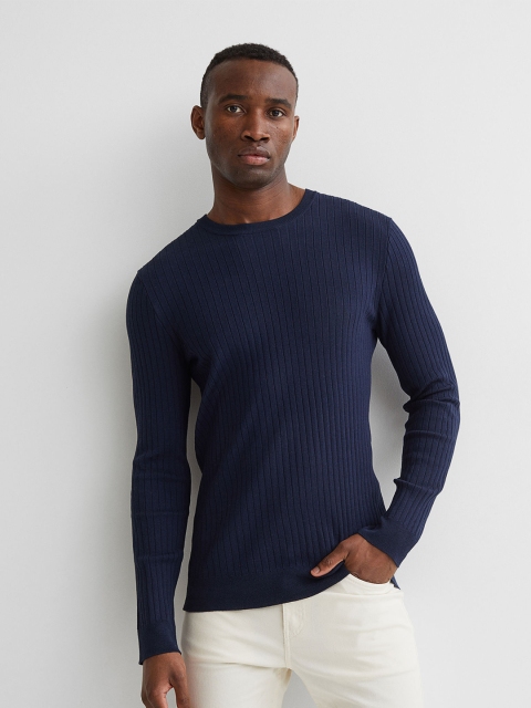 

H&M Men Blue Muscle Fit Fine-Knit Jumper, Navy blue