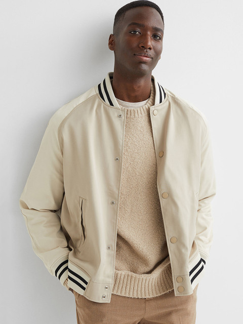 

H&M Men Beige & Black Solid Satin Baseball Jacket