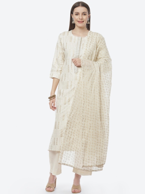 

Biba Off White & Gold Toned Printed Pure Cotton Unstitched Dress Material