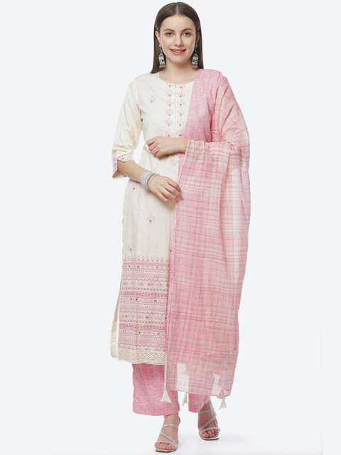 

Biba Off White & Pink Pure Cotton Unstitched Dress Material