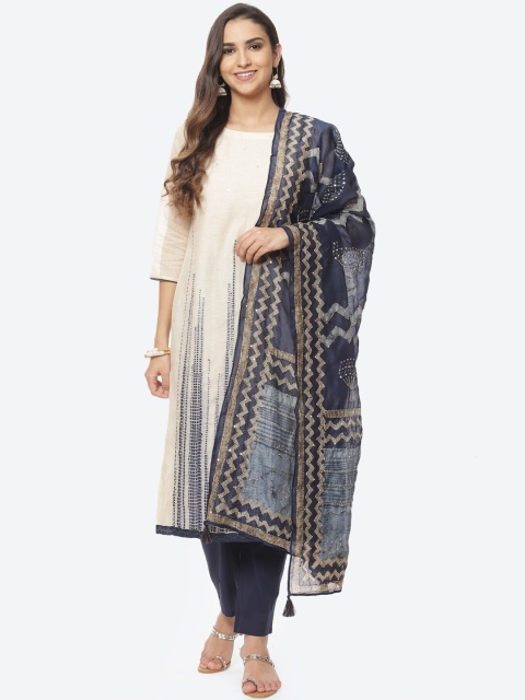 

Biba Women Off White & Navy Blue Embroidered Pure Cotton Unstitched Dress Material