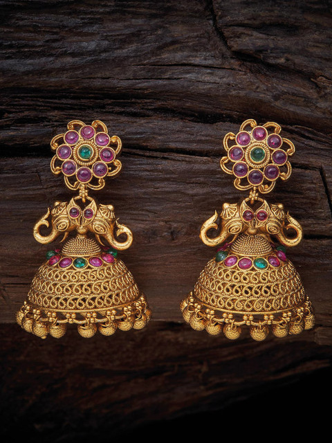 

Kushal's Fashion Jewellery Green & Red Gold-Plated Contemporary Jhumkas Earrings