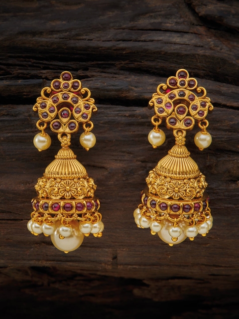 

Kushal's Fashion Jewellery Gold-Toned & Plated Contemporary Temple Jhumkas Earrings