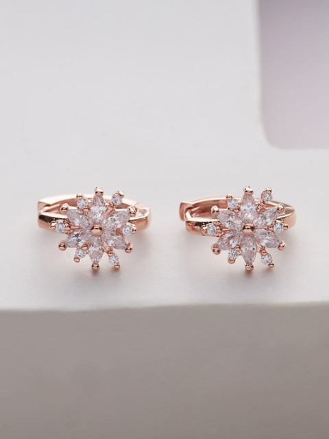 

Kushal's Fashion Jewellery Rose Gold Plated & White Floral Hoop Earrings