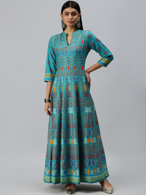 

SHOWOFF Women Turquoise Blue Floral Printed Flared Sleeves Kurta