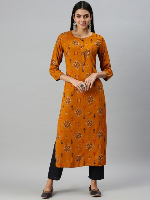 

SHOWOFF Women Mustard Yellow Geometric Embroidered Flared Sleeves Mirror Work Kurta
