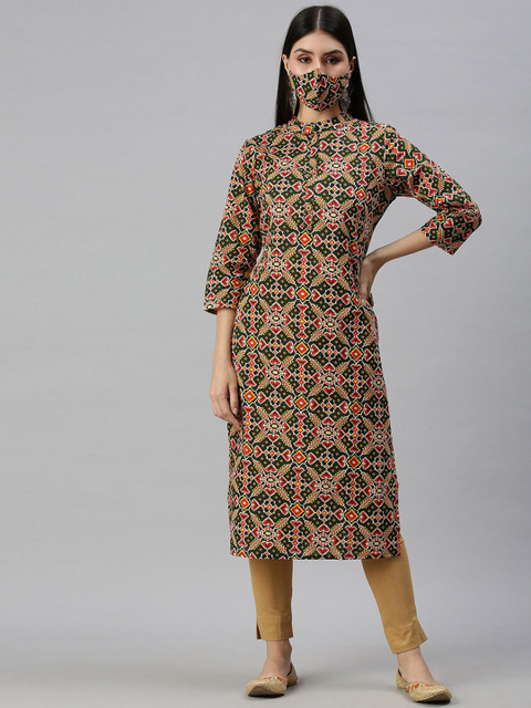 

SHOWOFF Women Green & Red Geometric Printed Cotton Kurta With Mask