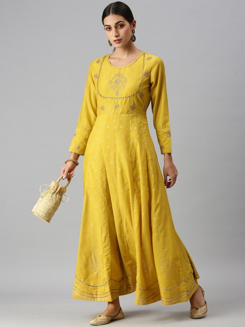 

SHOWOFF Women Yellow Floral Printed Mirror Work Kurta