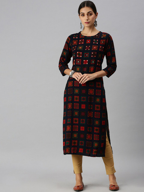 

SHOWOFF Women Navy Blue Floral Kurta