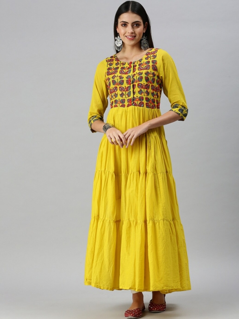 

SHOWOFF Women Yellow Ethnic Motifs Embroidered Thread Work Kurta