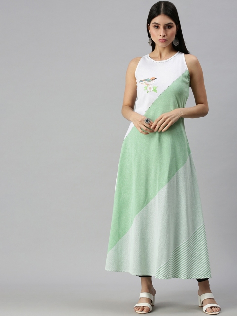 

SHOWOFF Women Green Geometric Yoke Design Thread Work Kurta