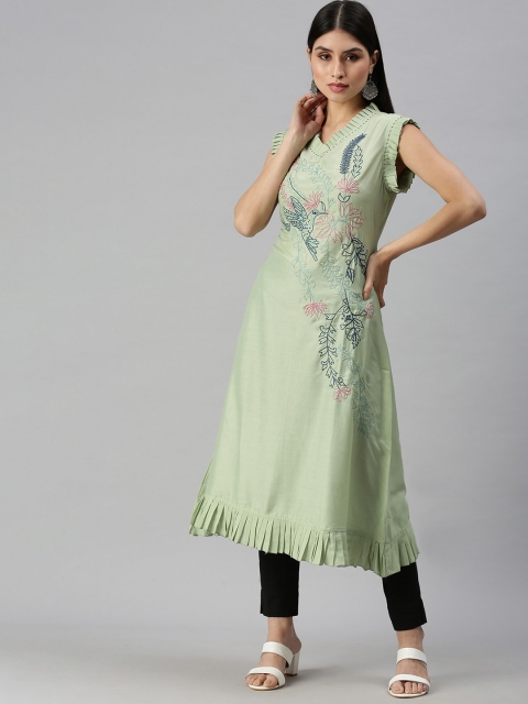 

SHOWOFF Women Green Geometric Striped Keyhole Neck Mirror Work Kurta