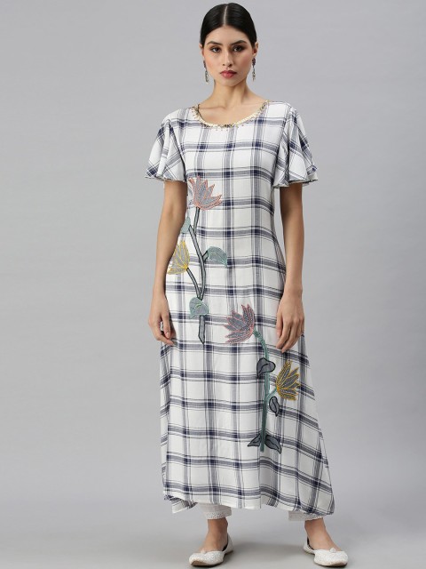 

SHOWOFF Women White & Navy Blue Checked Flared Sleeves Thread Work Cotton Kurta
