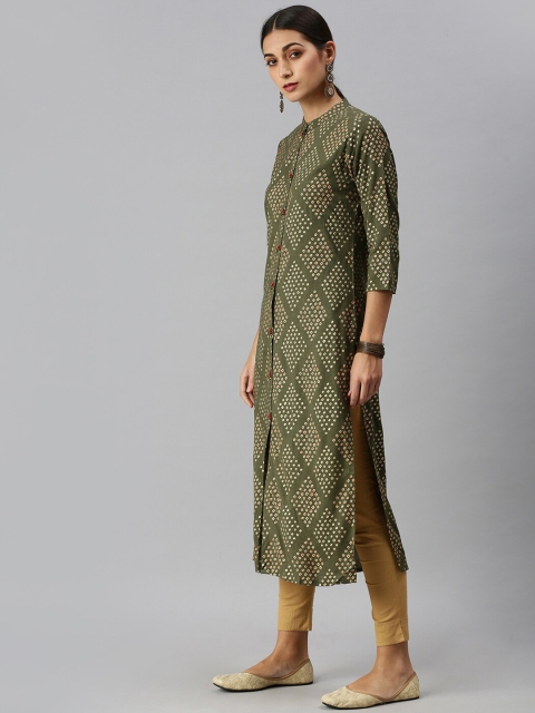 

SHOWOFF Women Green Printed Keyhole Neck Thread Work Kurta