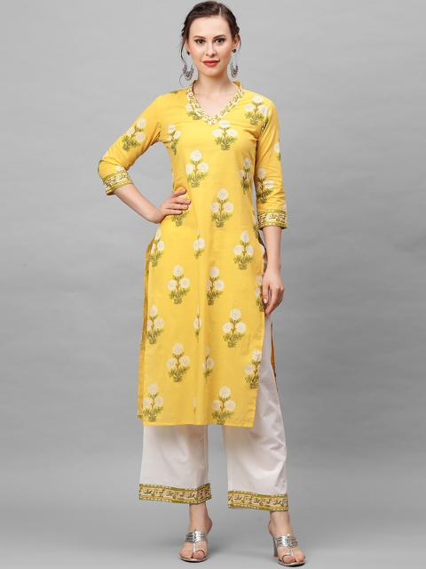 

Indo Era Women Yellow Floral Printed Kurta with Palazzos