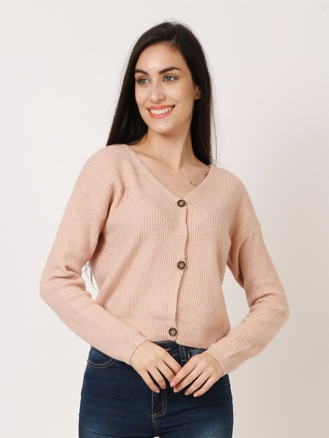 

NoBarr Women Pink Ribbed Cardigan Sweater