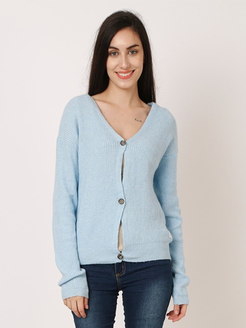 

NoBarr Women Blue Ribbed Cardigan