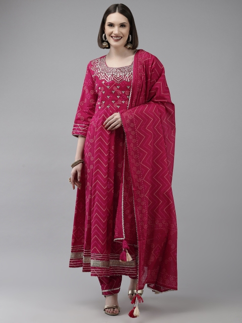 

Ishin Women Pink Bandhani Embroidered Pure Cotton Kurta with Trousers & With Dupatta