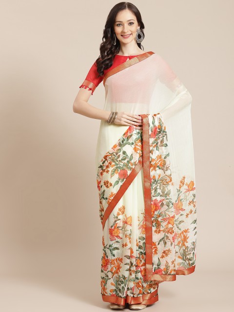 

Satrani Women White & Red Floral Saree